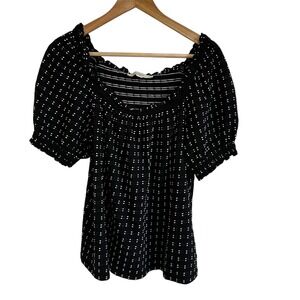 LOFT Smocked Top Polka Dot‎ Square Neck Short Sleeve Blouse Medium